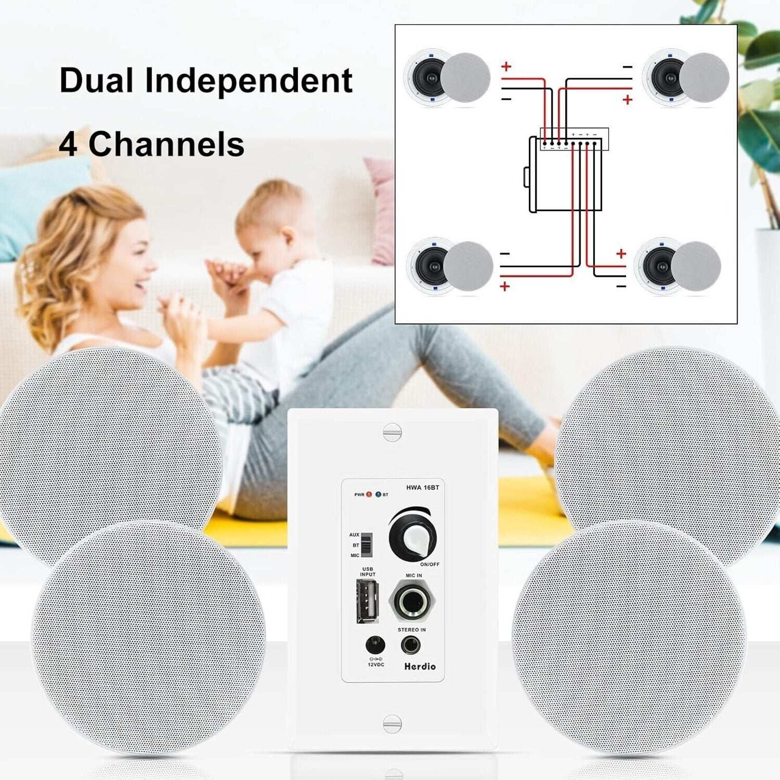 Herdio Bluetooth Wall Amplifier 4 Channel Volume Control USB MIC AUX(3.5mm)