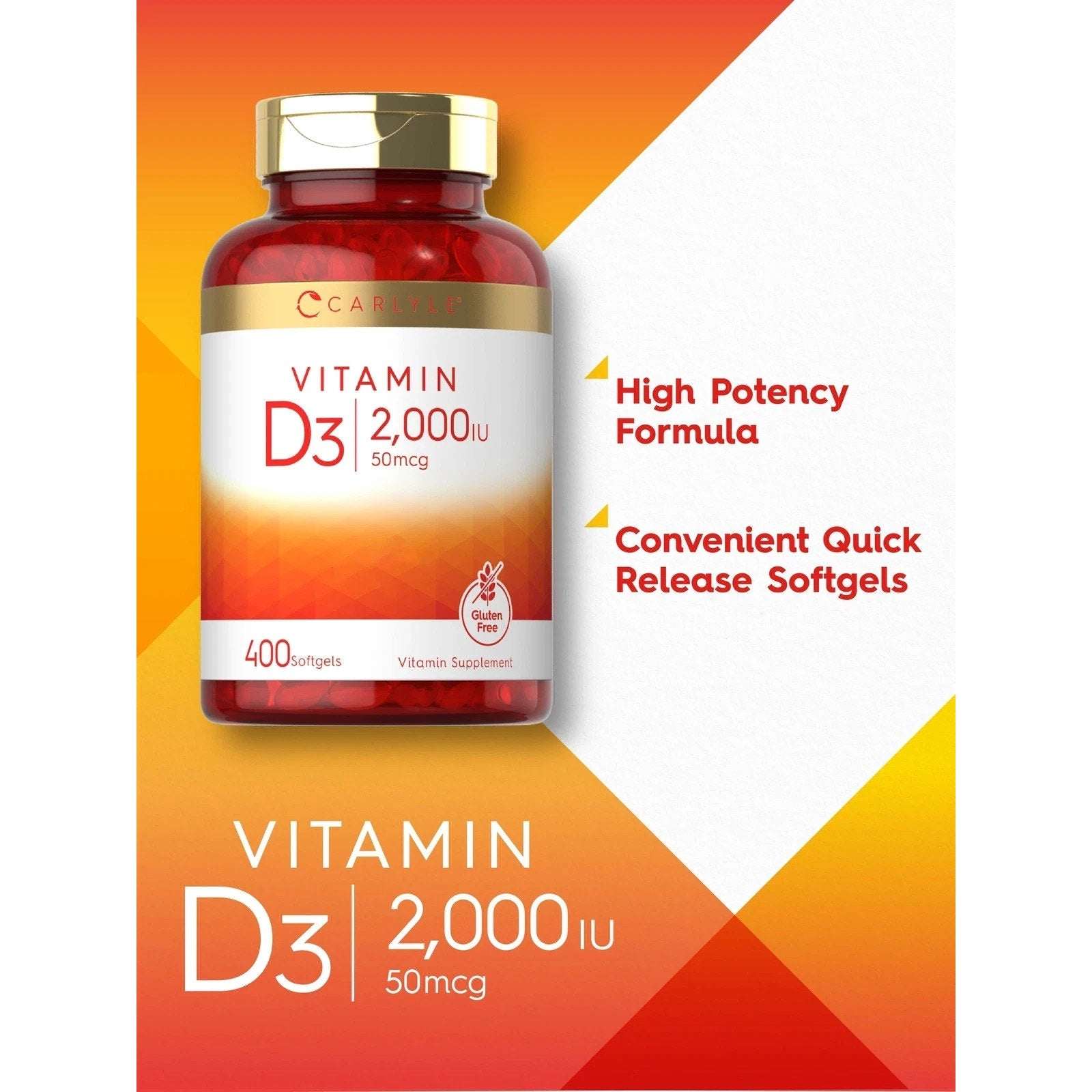 2 Pack Carlyle Vitamin D3 2000 IU Softgels (400ea/800total) Non-GMO Gluten Free