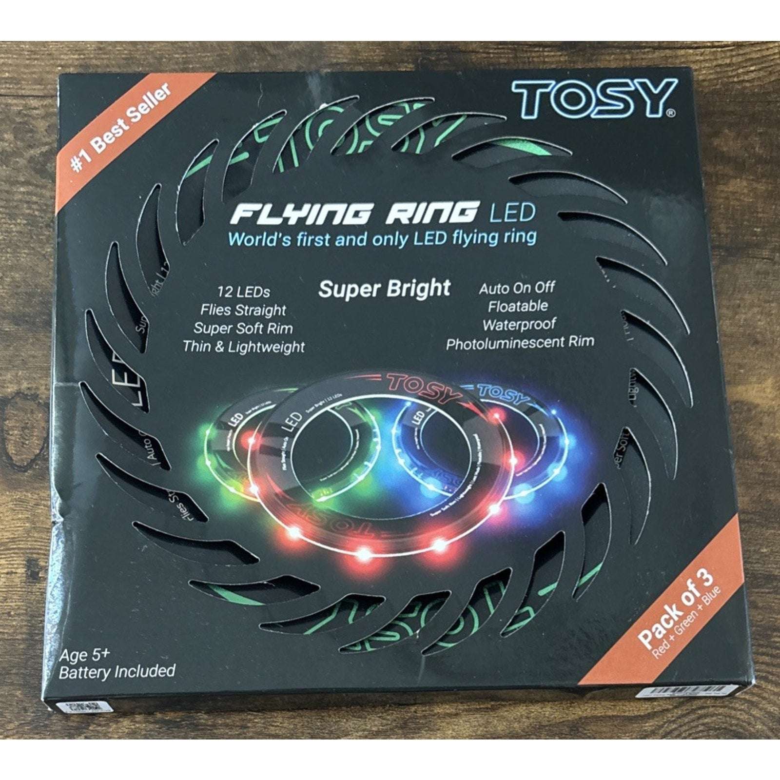 TOSY LED Flying Ring 3 Pack Red + Blue + Green Waterproof Floats Glows Auto-Off