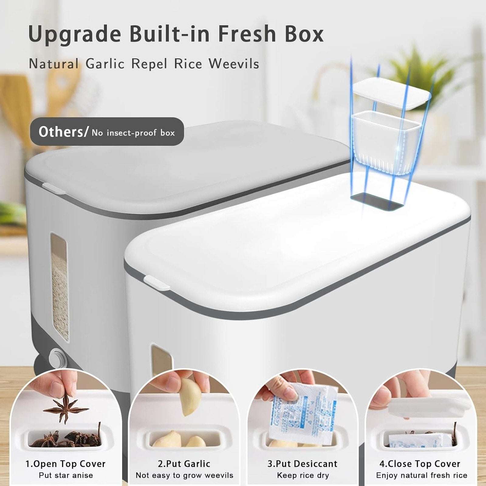 25lbs Rice Dispenser w/ Measuring Cup & Built-in Fresh Box Moisture/Insect Free