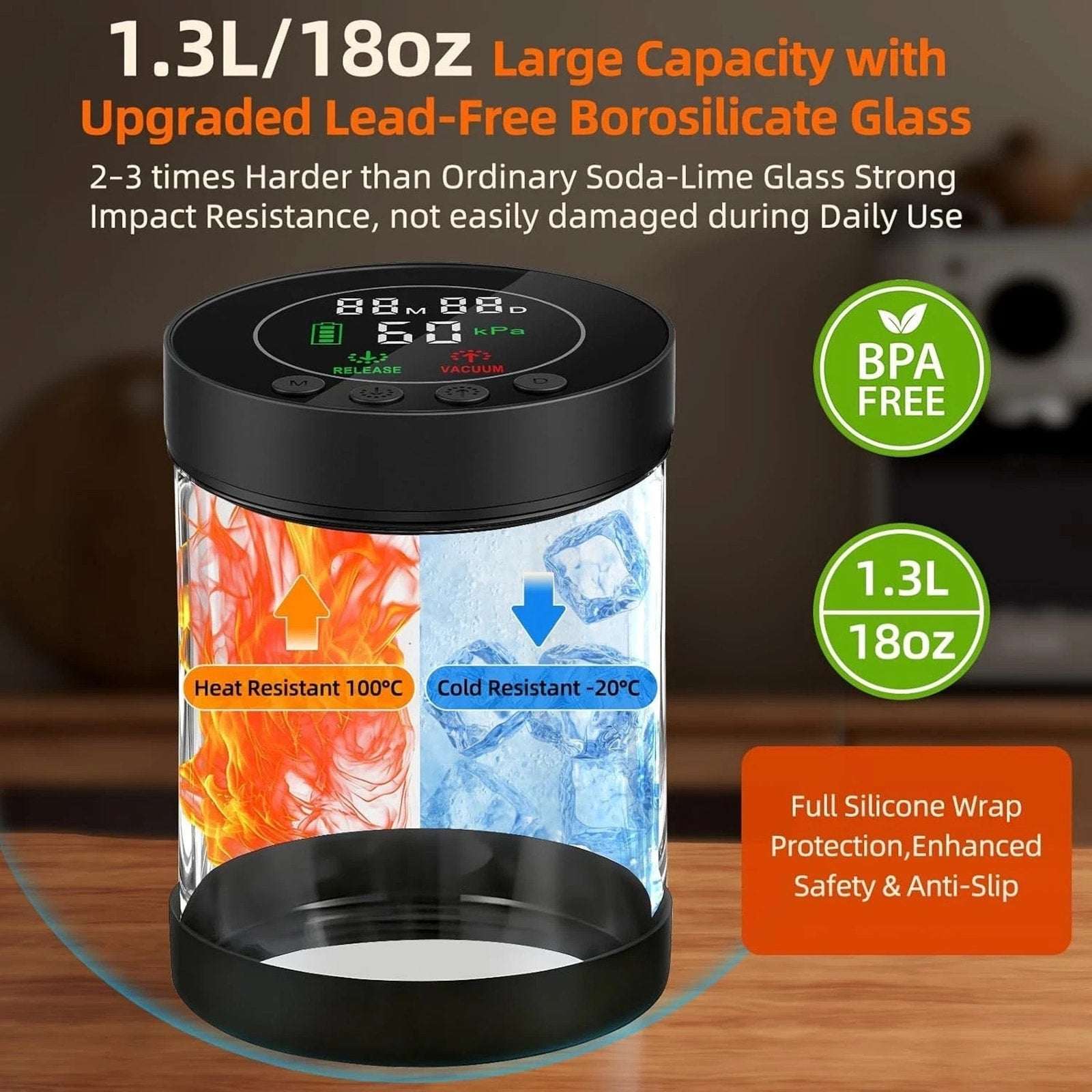 Automatic Airtight Vacuum Sealing Coffee Canister 1.3L Smart Sensors LCD Display