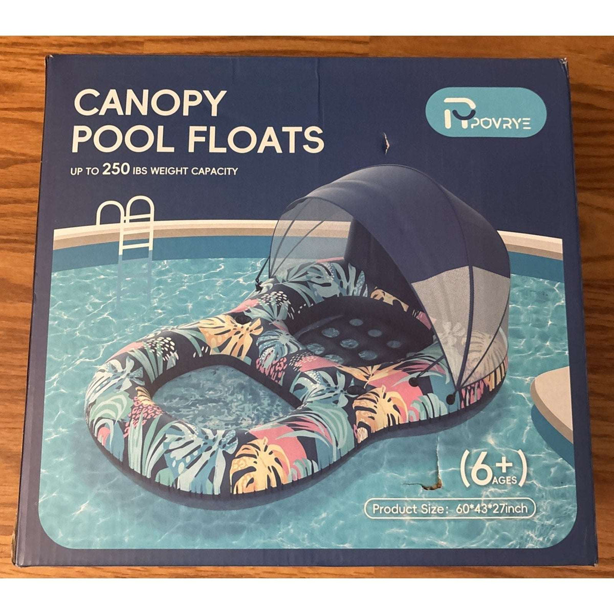 Pool Float w/ Canopy Inflatable Adult 60"x43" Lounger Raft w/ UPF 50+ Sunshade