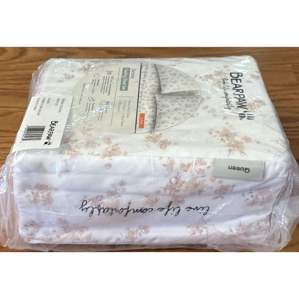 BEARPAW Serene Cooling Queen Sz Sheet Set Morris Dainty Floral Blush Pink/White