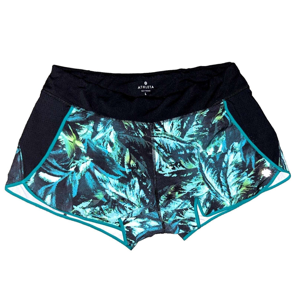 ATHLETA Running Gym Workout Shorts Tropical Print, Lined w zip Pocket Size L