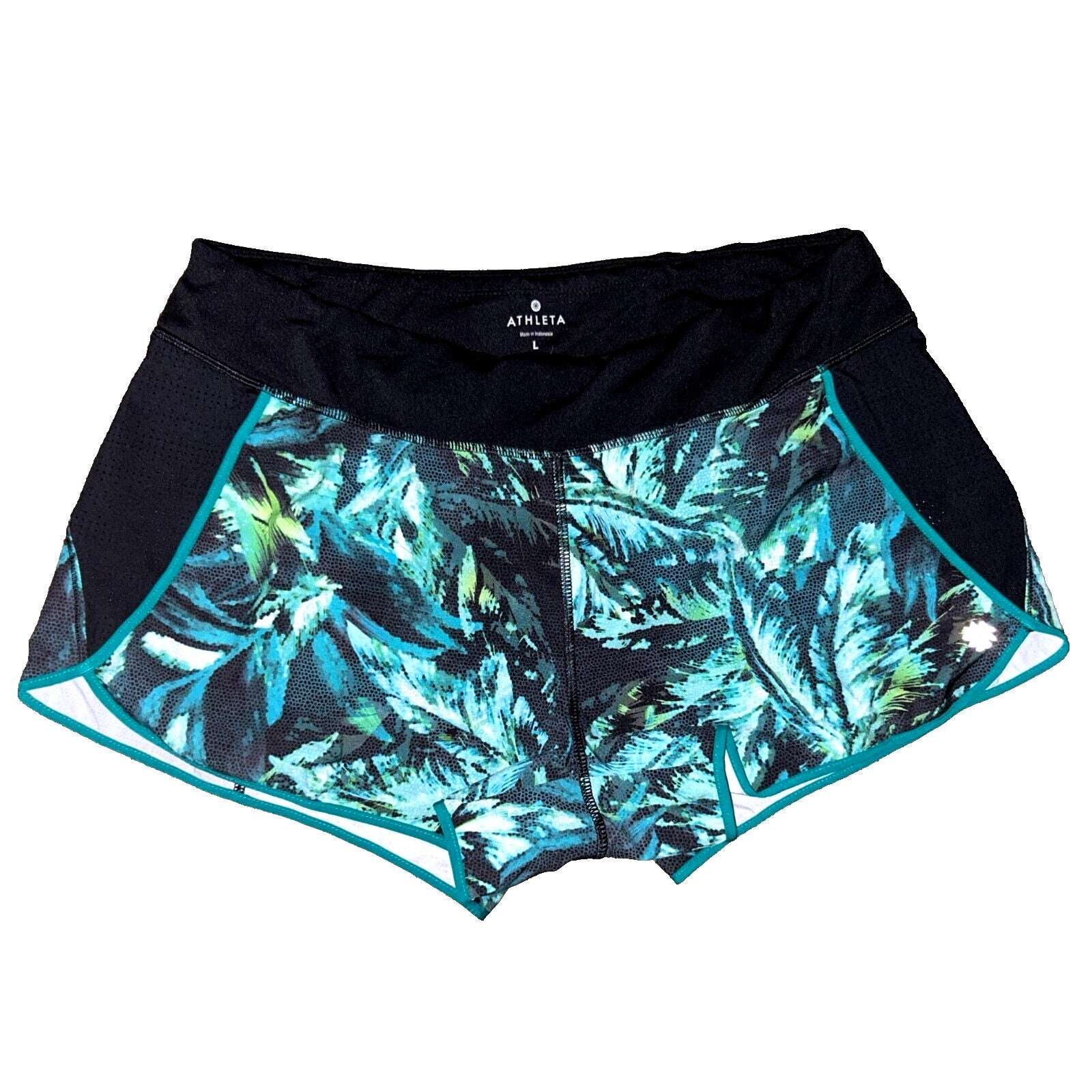 ATHLETA Running Gym Workout Shorts Tropical Print, Lined w zip Pocket Size L