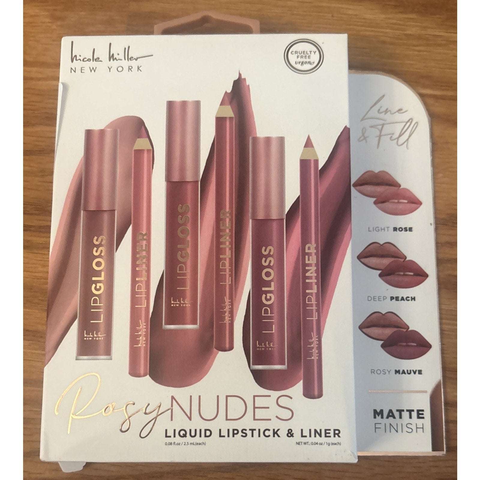 Nicole Miller NY Rosy Nudes Liquid Lipstick & Liner 6Pc Set Rose, Peach & Mauve