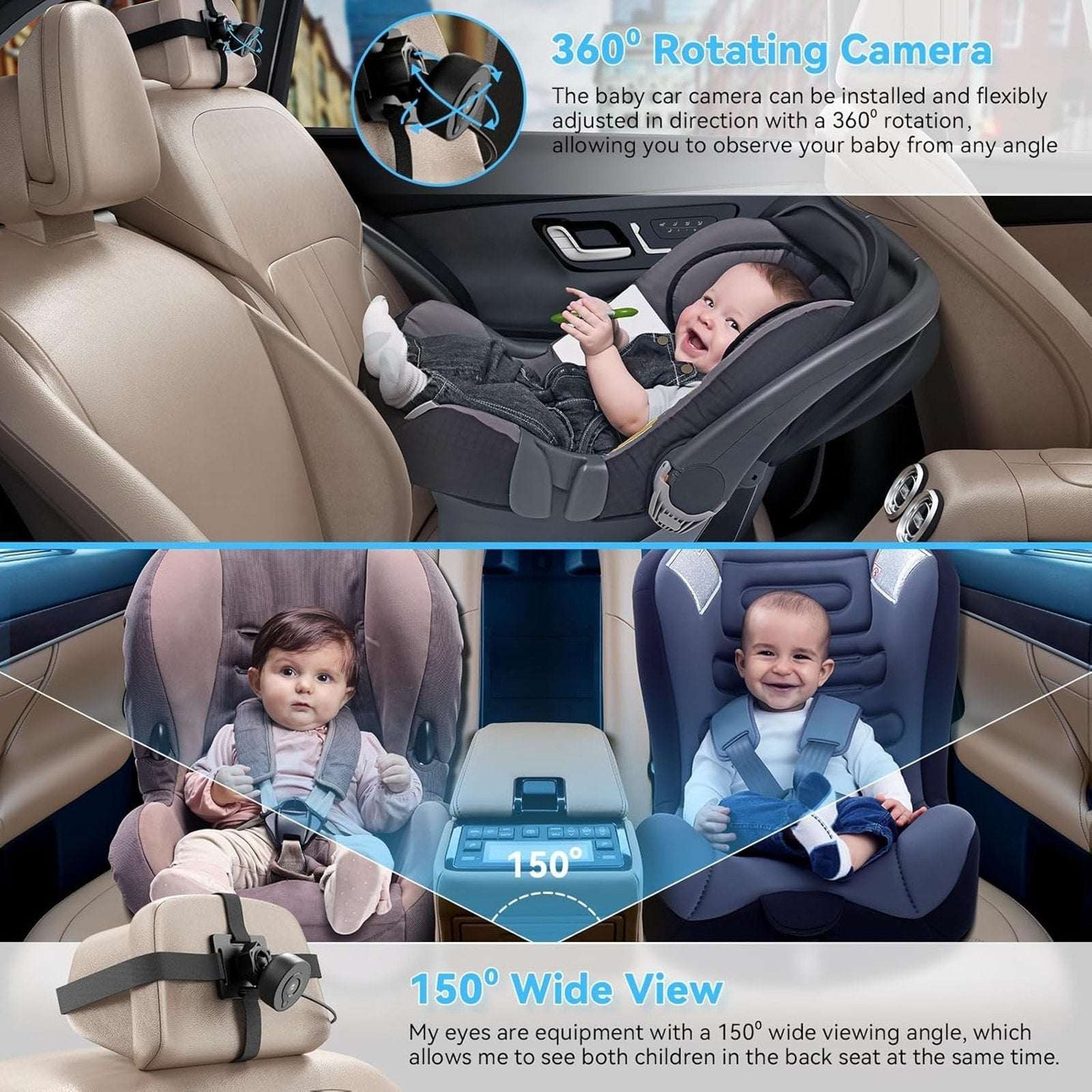 Baby Car Backseat Camera 360° Rotation HD 1080P Night Vision 150° Wide Angle