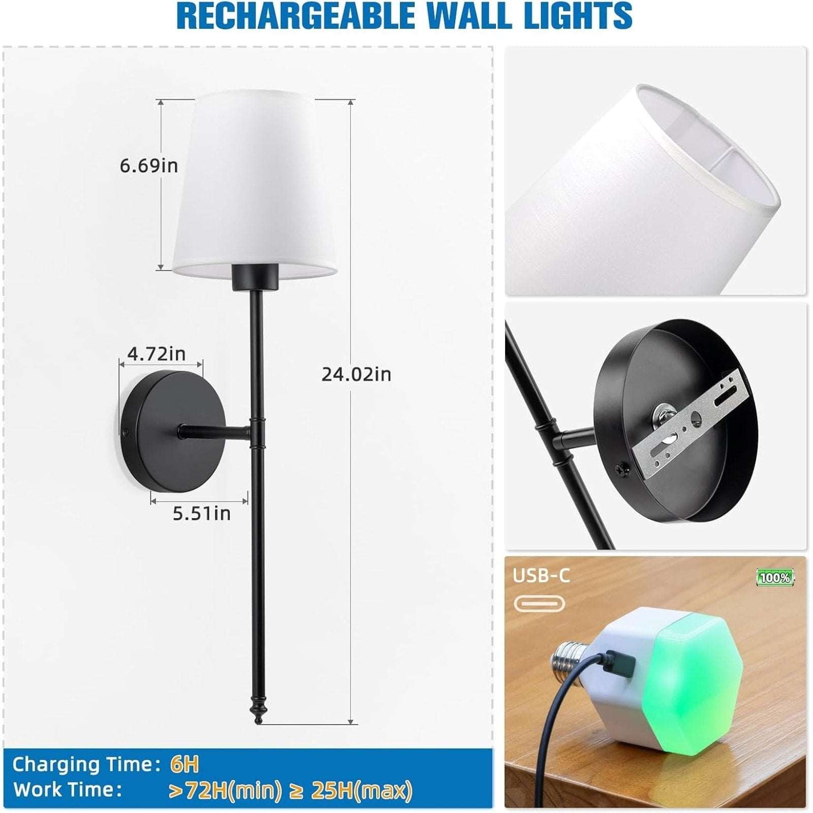 (2) Battery Operated Dimmable Wall Sconce Rechargeable Wall Lights RGB w/ Remote
