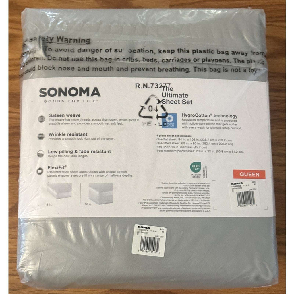 SONOMA ULTIMATE HYGROCOTTON 4PC SHEET SET 400TC Temp Regulating Light Gray QUEEN