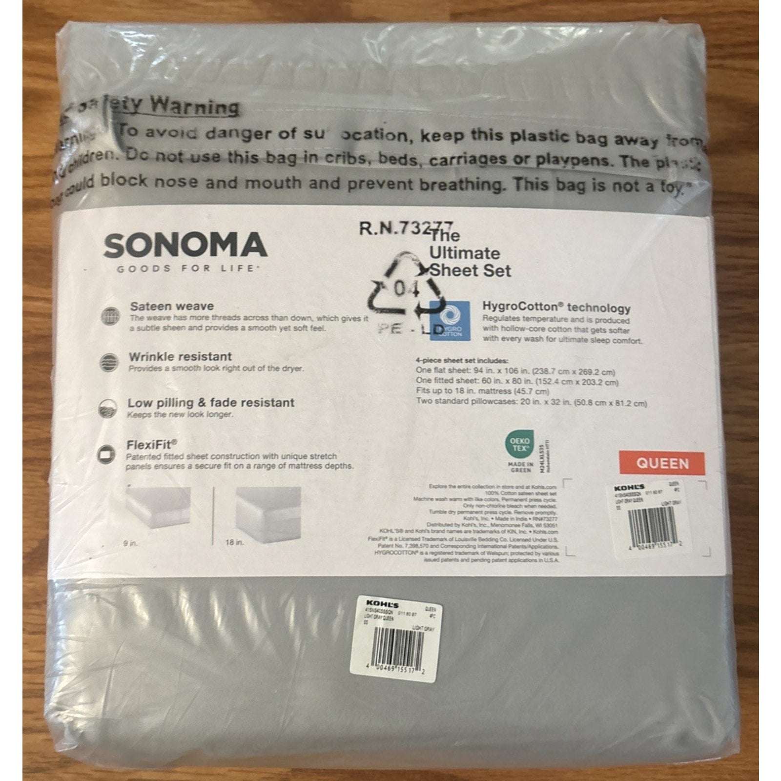 SONOMA ULTIMATE HYGROCOTTON 4PC SHEET SET 400TC Temp Regulating Light Gray QUEEN
