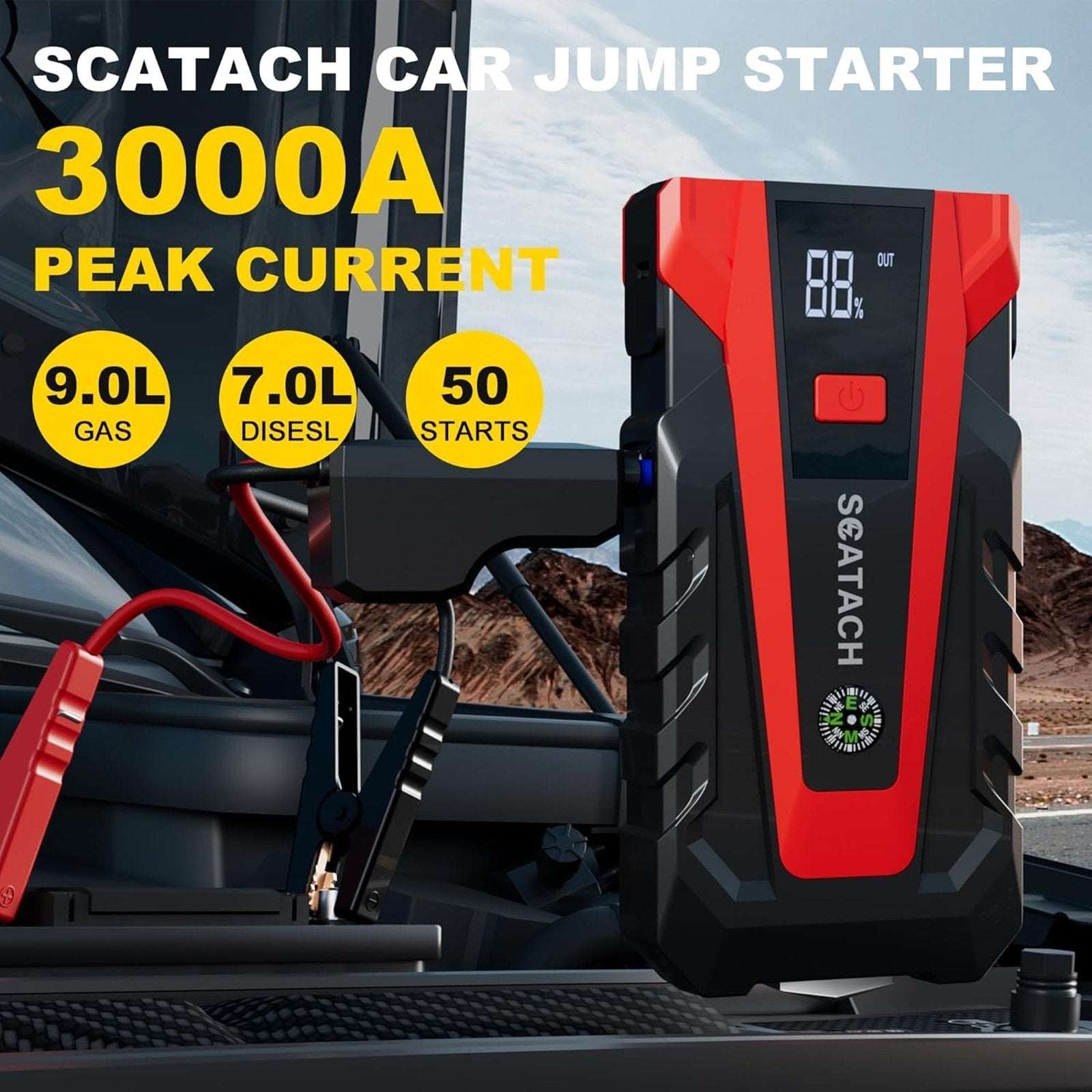 Scatach 3000A 12V Car Battery Jump Starter, Jumper Cable, Flashlight & Powerbank