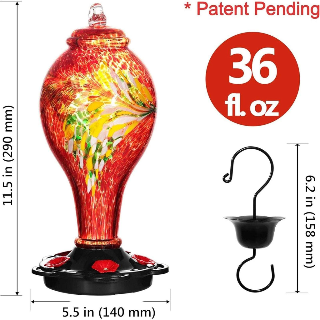 36OZ Hand Blown Glass Hanging Hummingbird Feeder with 5 Flower Feeding Stations