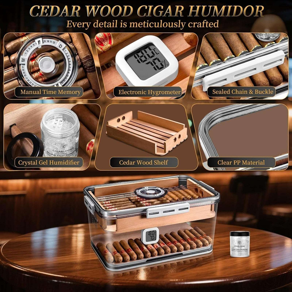 100 Cigar Humidor Clear Acrylic Spanish Cedar Shelf Age Dial Digital Hygrometer