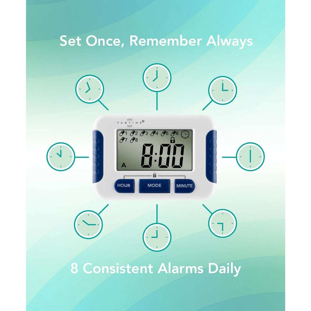 TabTIME Electronic Pill Timer Reminder with 8 Daily Alarms, Lockable Keys, 12/24