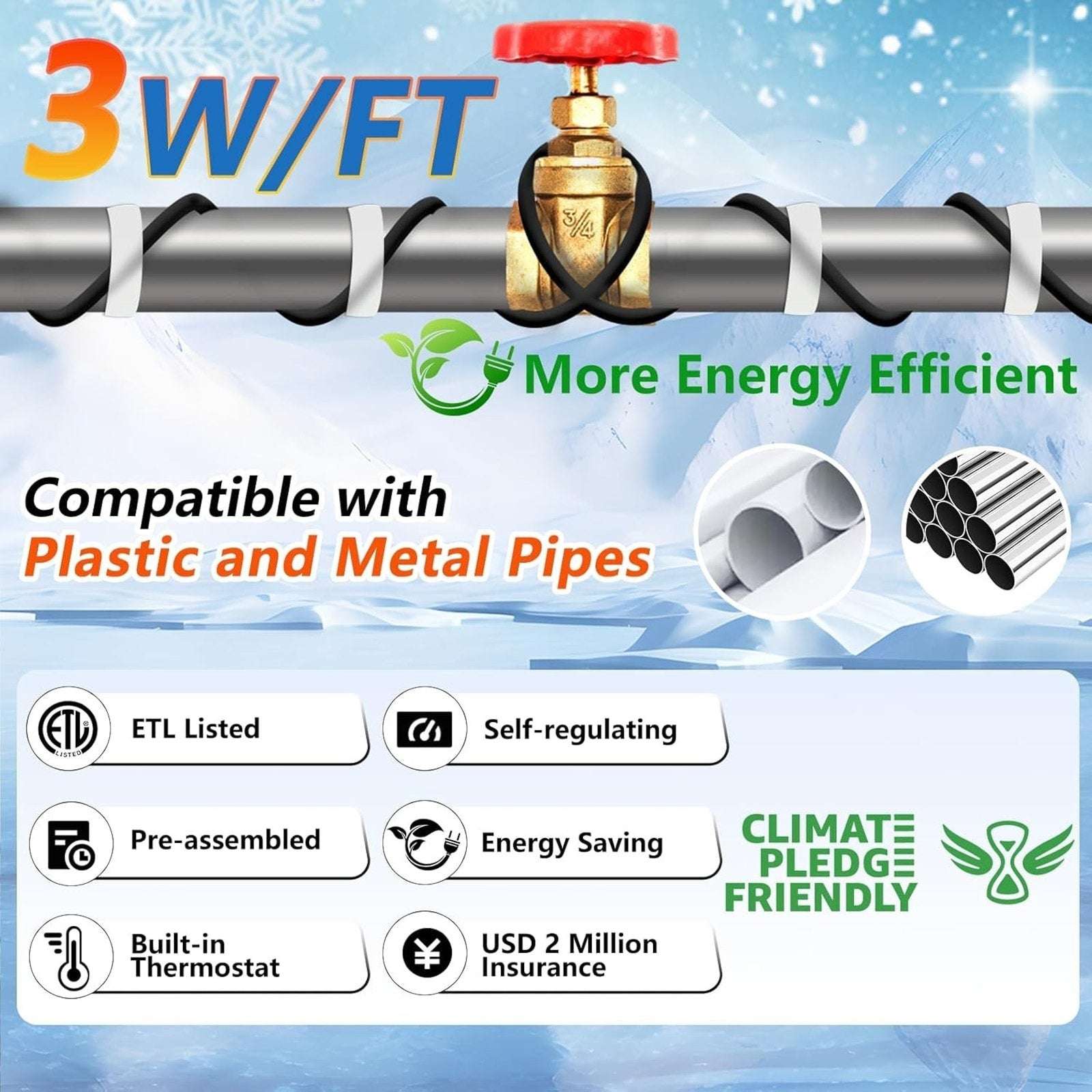 Self Regulating Pipe Heating Cable 100' 120V 3W/Ft Overheat & Freeze Protection