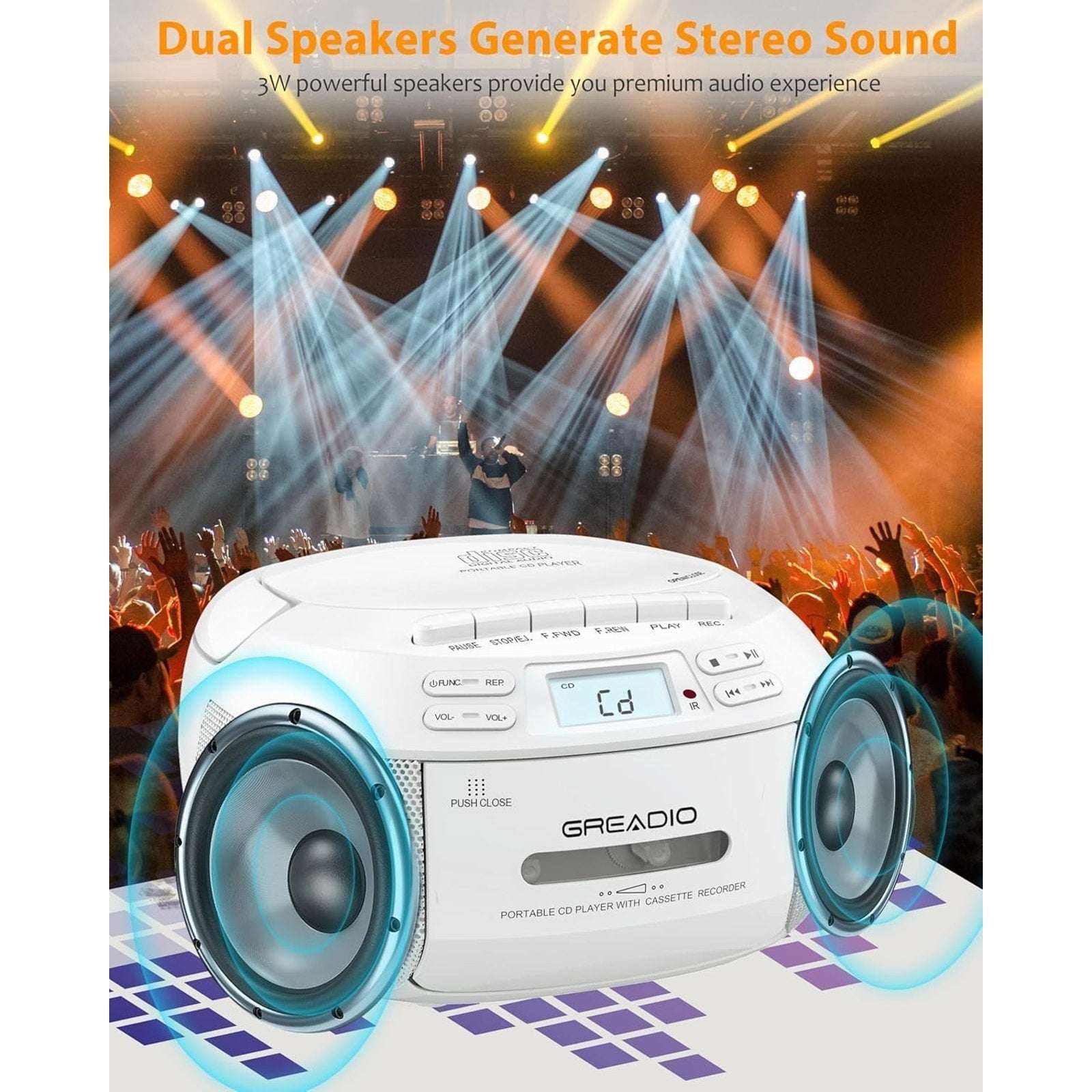 Greadio CD Player Boombox Cassette Player Combo Bluetooth, AM/FM Radio, Remote,