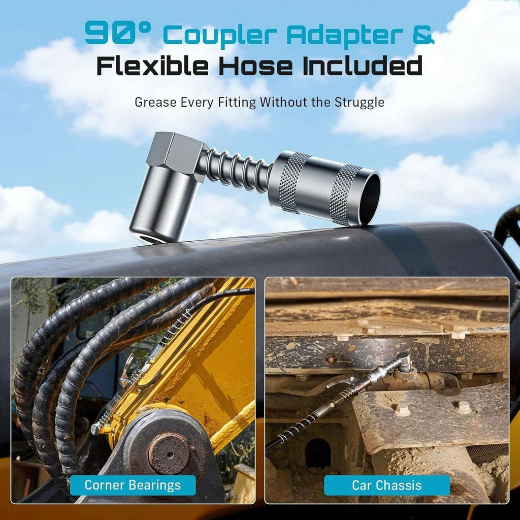 8000PSI Heavy Duty Pistol Grip Grease Gun Kit 90°Adapter Flex Hose 14oz Capacity