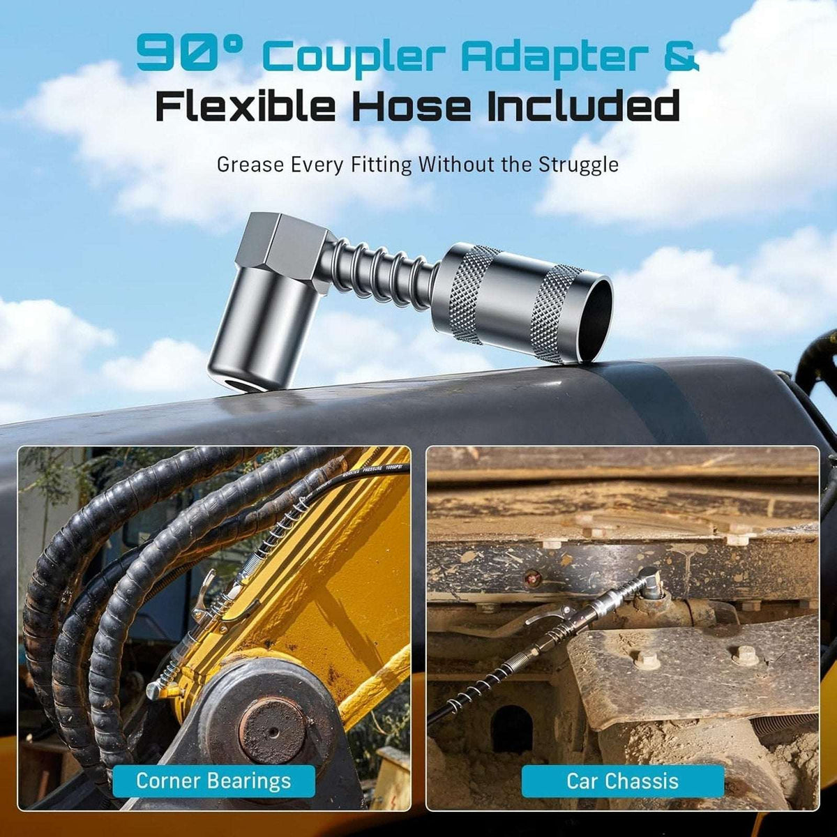 8000PSI Heavy Duty Pistol Grip Grease Gun Kit 90°Adapter Flex Hose 14oz Capacity