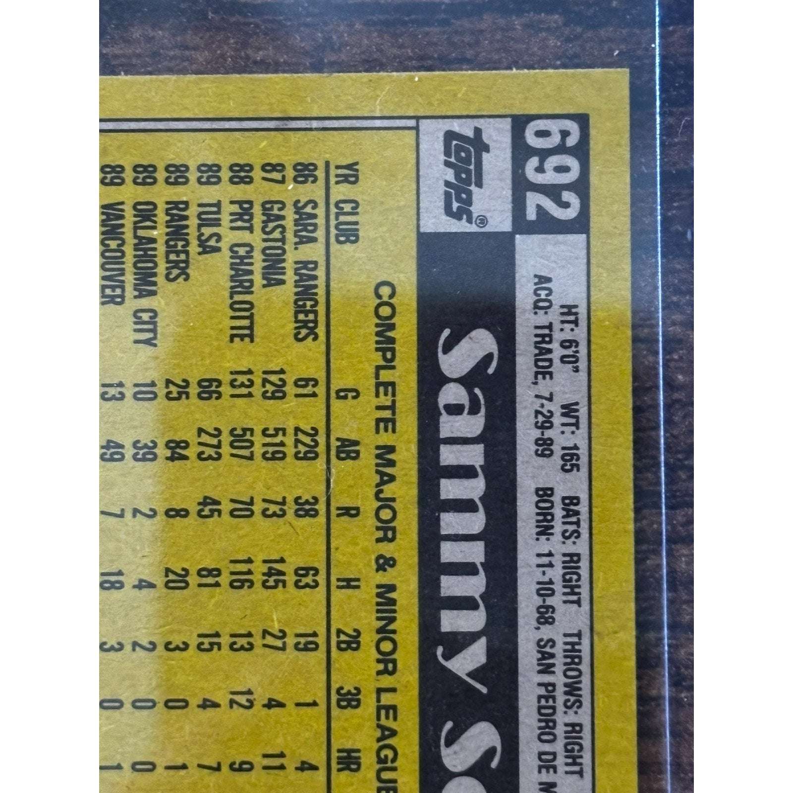 Sammy Sosa White Sox #692 Topps 1990 Rookie Card RC Error Card Misprint Birthday