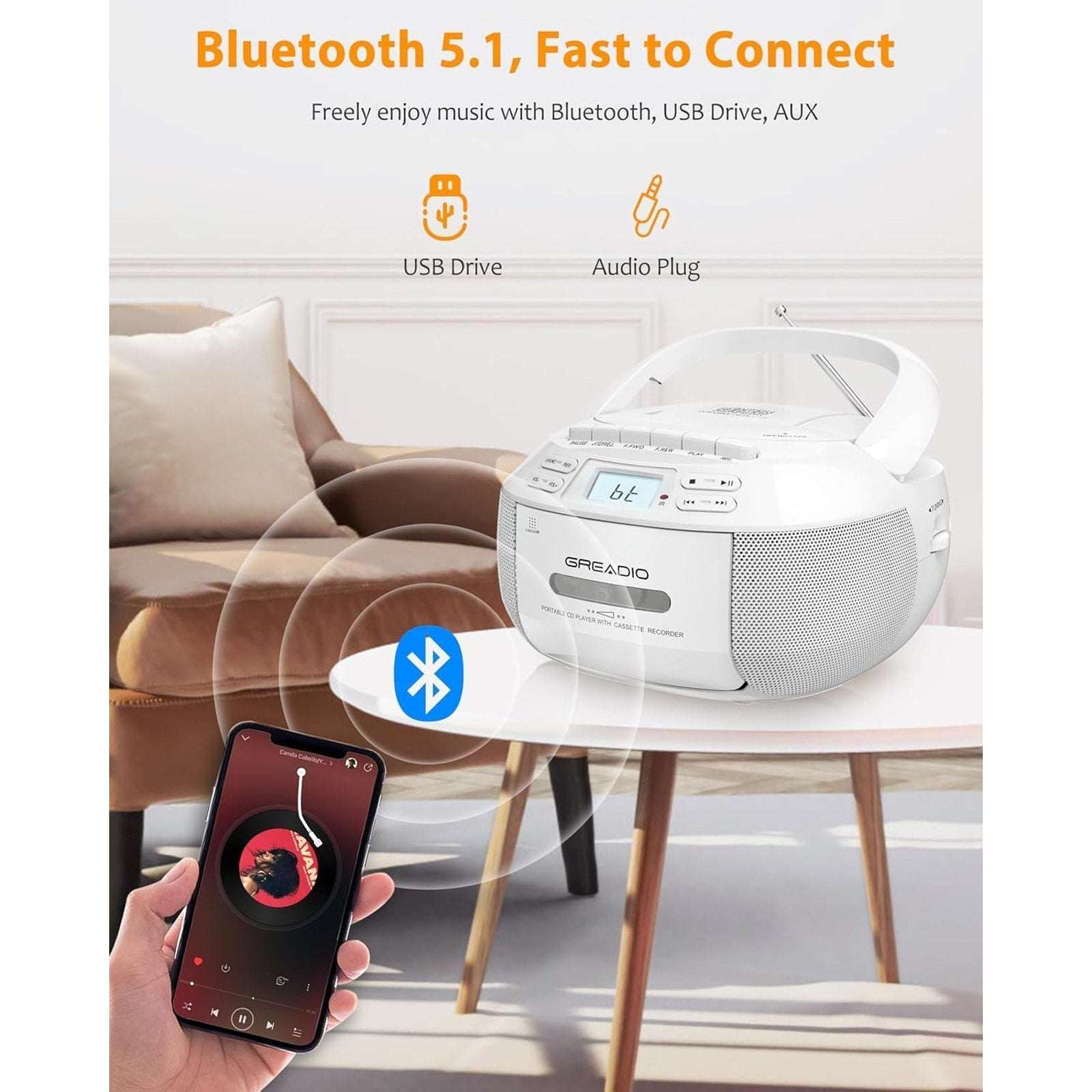 Greadio CD Player Boombox Cassette Player Combo Bluetooth, AM/FM Radio, Remote,