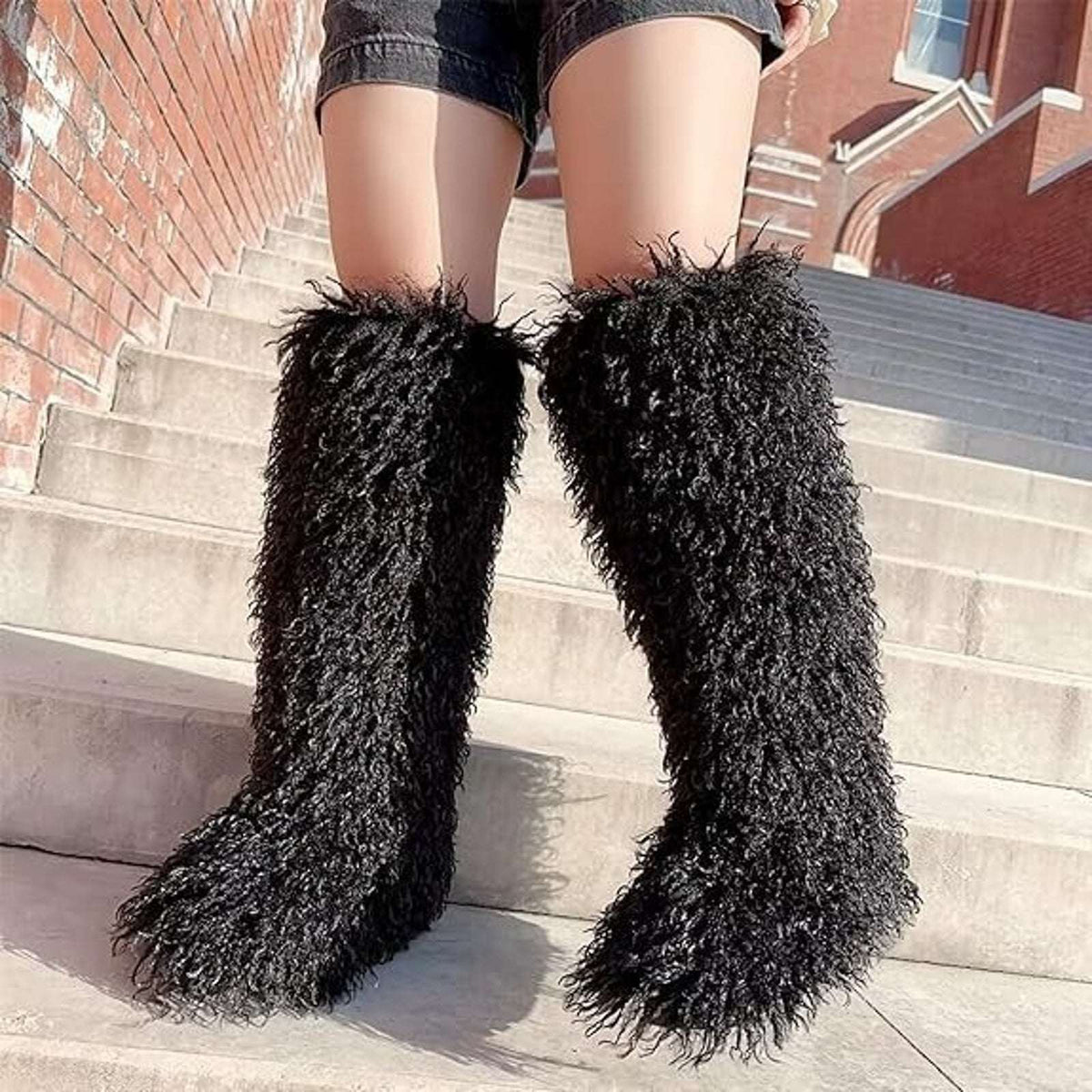 Y2K Rave Shaggy Mongolian Faux Fur Knee High Black Furry Moon Boots Sz 13 Womens