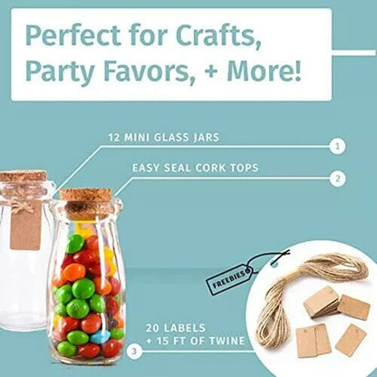 Otis Classic 12 Glass Milk Bottle Jars w Cork Lids Spices, Crafts, Gifts, Decor+