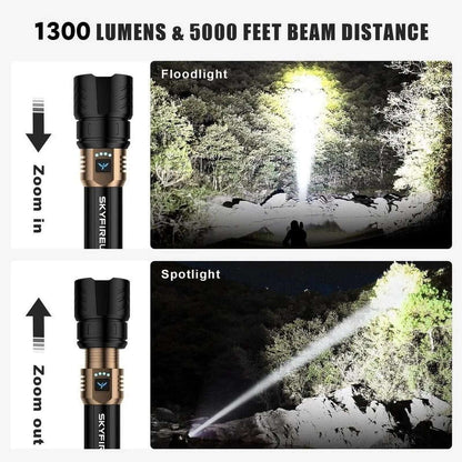 SKYFIRE LED Flashlight 2000lm Rechargeable Zoom Waterproof w/ FIRE STARTER Lens