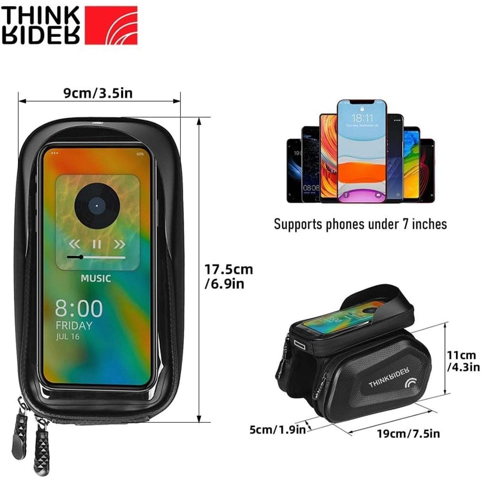 ThinkRider 3Pocket Top Tube Frame Mount Bike Bag Waterproof Cycling Phone Holder