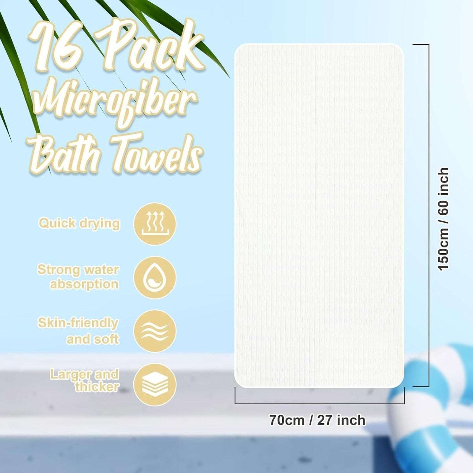 16PC Microfiber 27" x 60" Bath Towel Set Ultra Absorbent, Quick Dry White Stripe