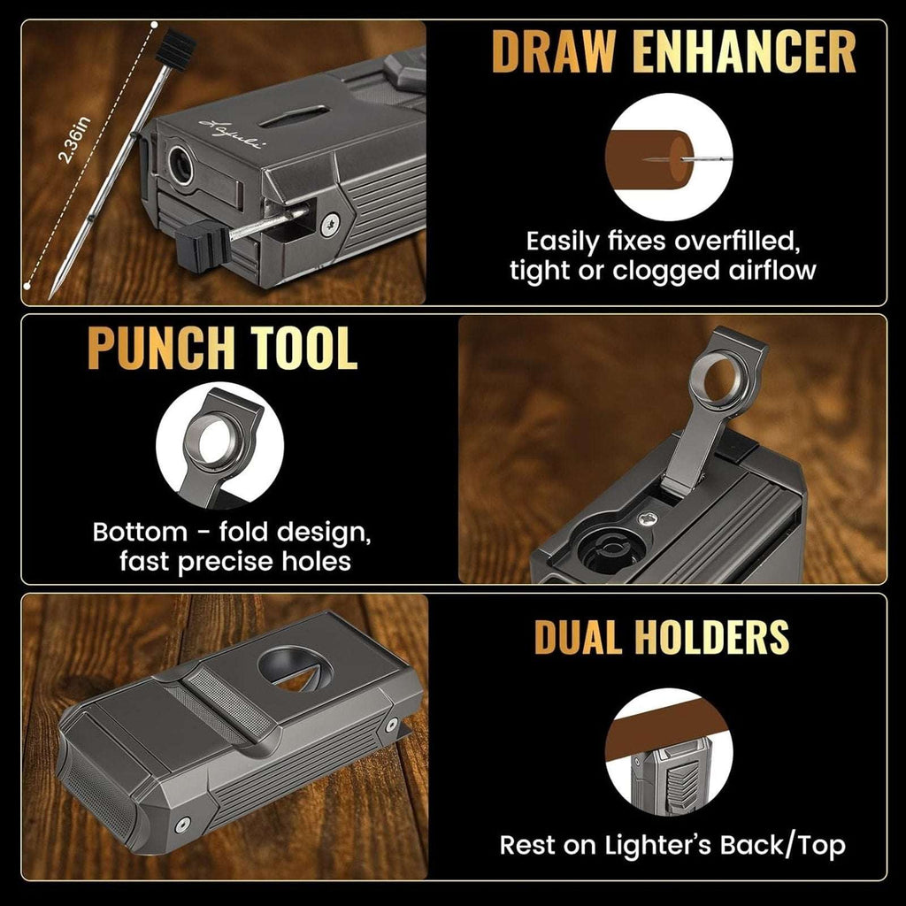 All in 1 Cigar Torch Lighter V-Cutter, Punch, Holder, Draw Enhancer, Twin Nubber