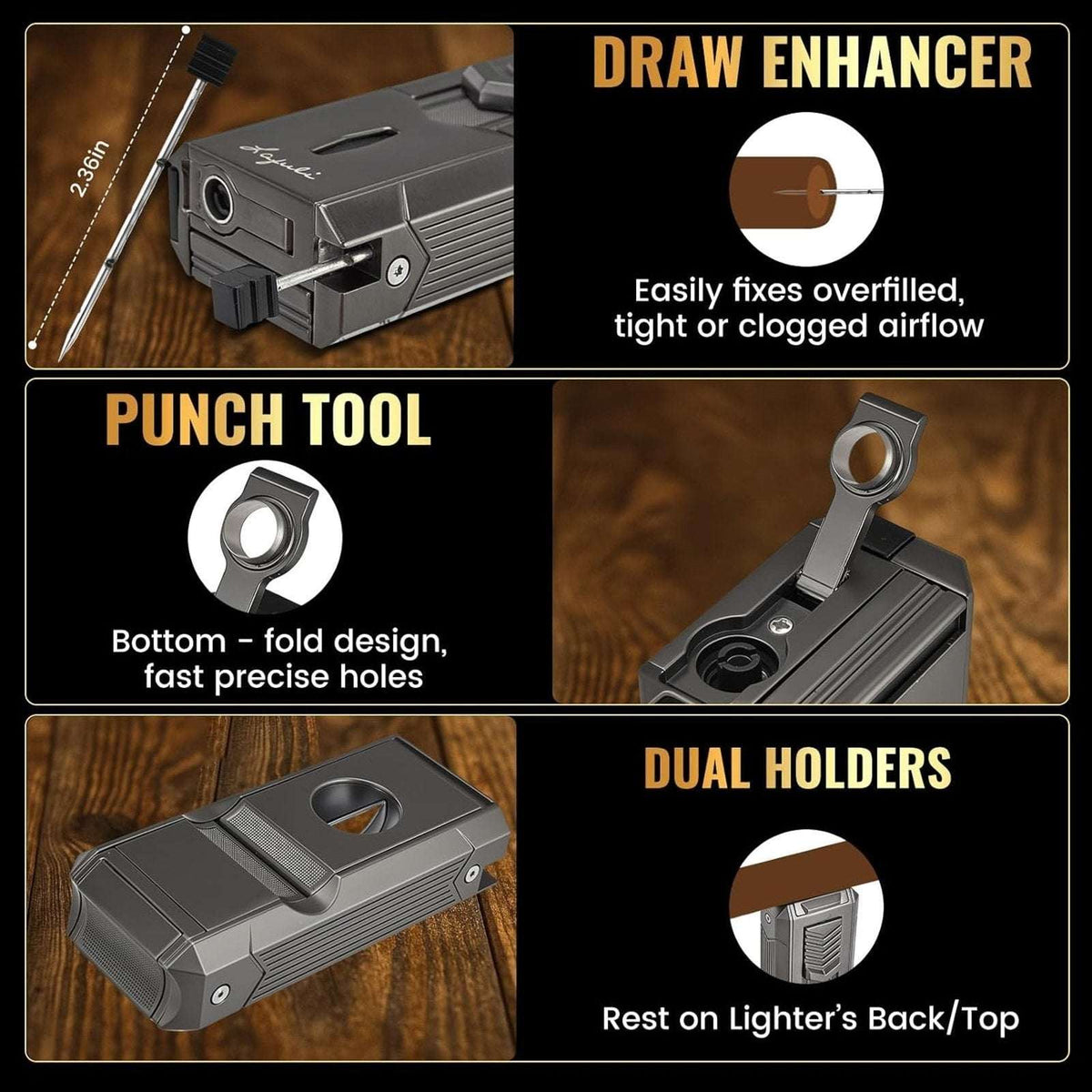 All in 1 Cigar Torch Lighter V-Cutter, Punch, Holder, Draw Enhancer, Twin Nubber