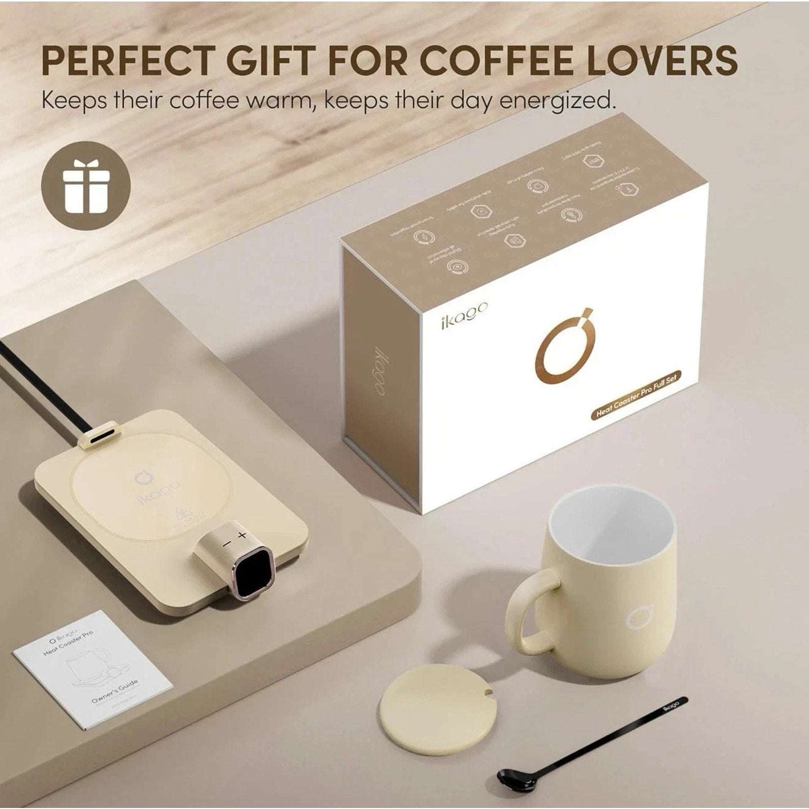 Ikago Smart Heated Coaster & Mug Warmer PRO Set - Auto-Off, Precise Temp Control