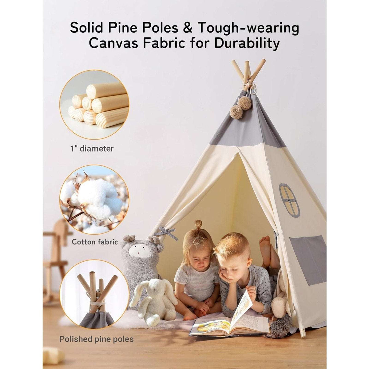 Besrey Kids Teepee Tent w/ Lights & Mat - Girl Boy Toddler Play Tent White Gray