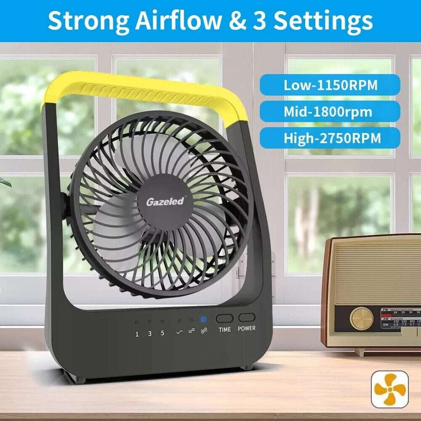 Battery Powered Fan, Portable Camping Fan w 3 Speeds Quiet 180° Rotation & Timer