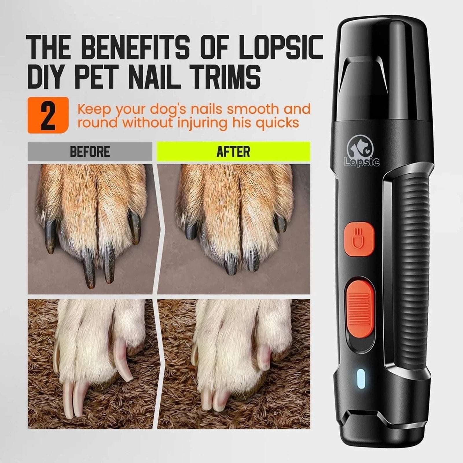 Lopsic Dog Nail Grinder Professional Electric w/ Lights Rechargeable Pet Trimmer