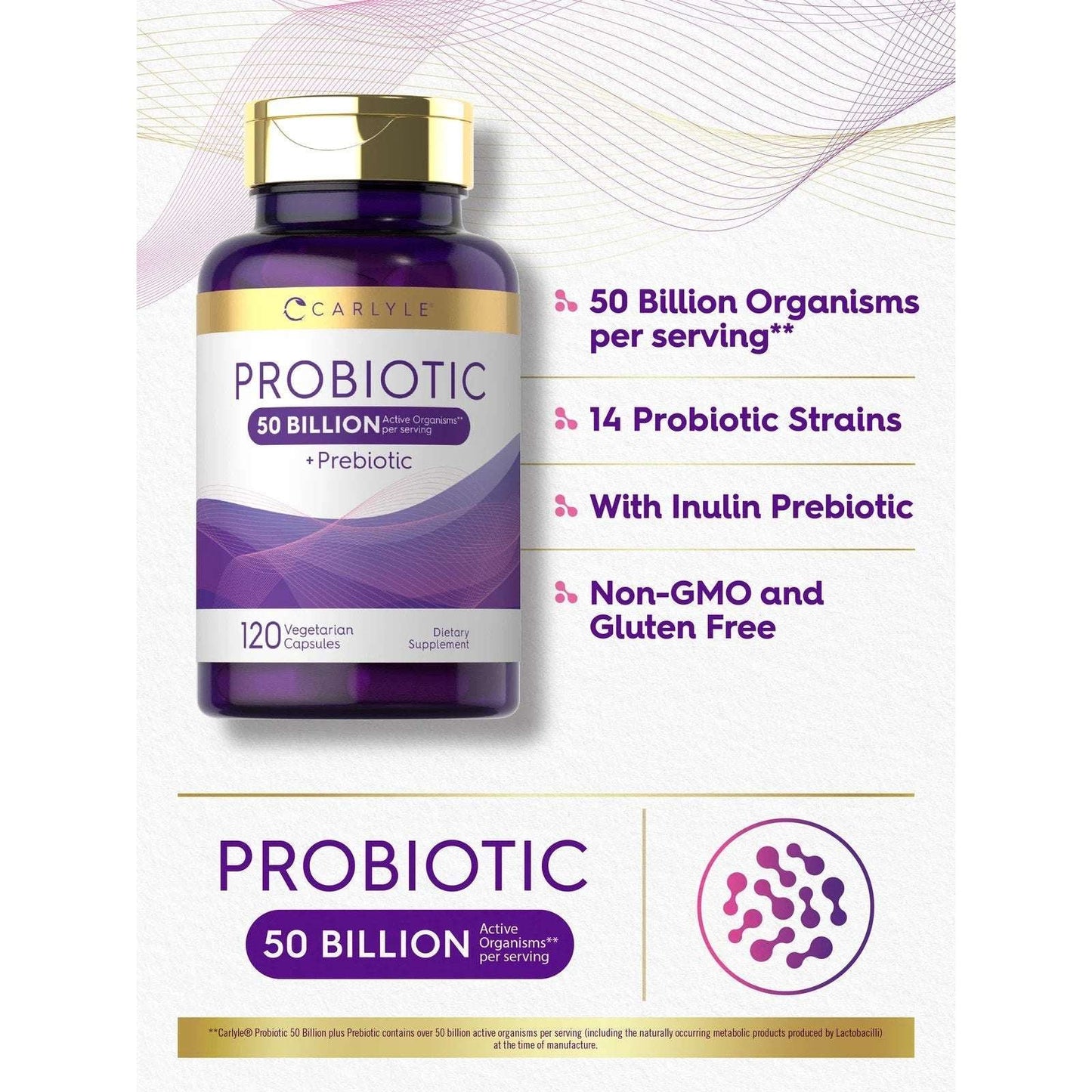 Probiotics 50 Billion CFUs 120 Capsules with Prebiotics by Carlyle EXP 02/2028