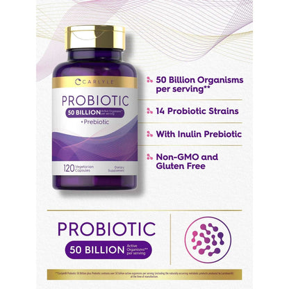 Probiotics 50 Billion CFUs 120 Capsules with Prebiotics by Carlyle EXP 02/2028
