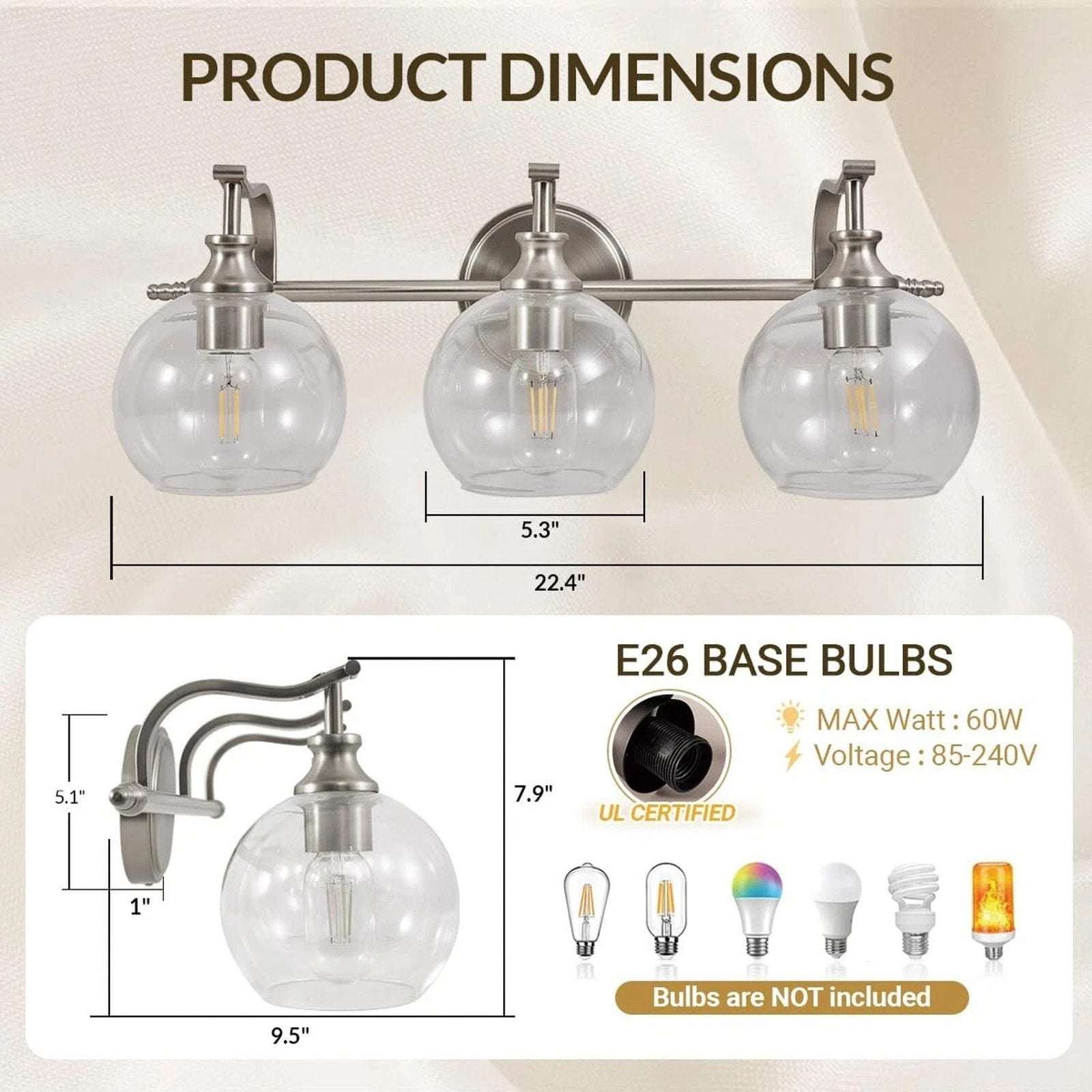 ANDY STAR 3 Light Bathroom Vanity Light Fixture Wall Mount in Brushed Nickel