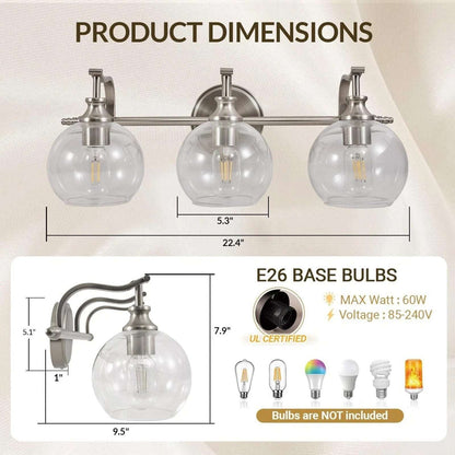 ANDY STAR 3 Light Bathroom Vanity Light Fixture Wall Mount in Brushed Nickel