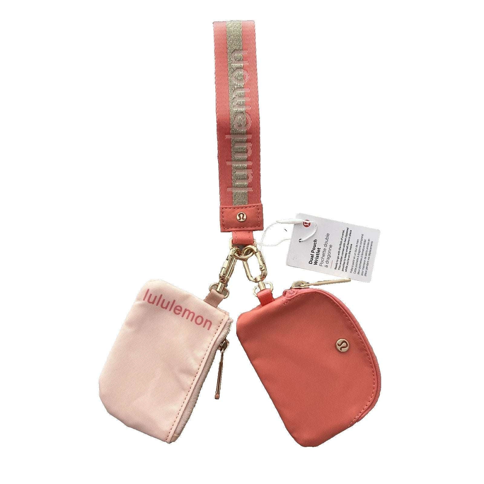 Lululemon Dual Pouch Wristlet Wordmark Melon/Peach, Light Pink with Gold