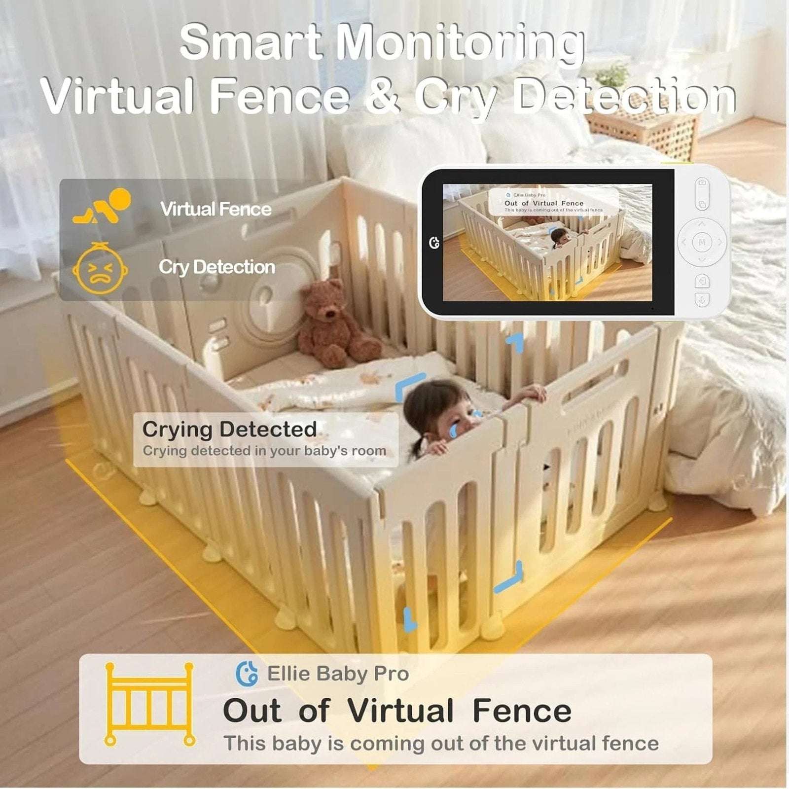 Ellie Baby Pro NON-Wifi AI Smart Baby Monitor w Audio, Cry Detect, Virtual Fence