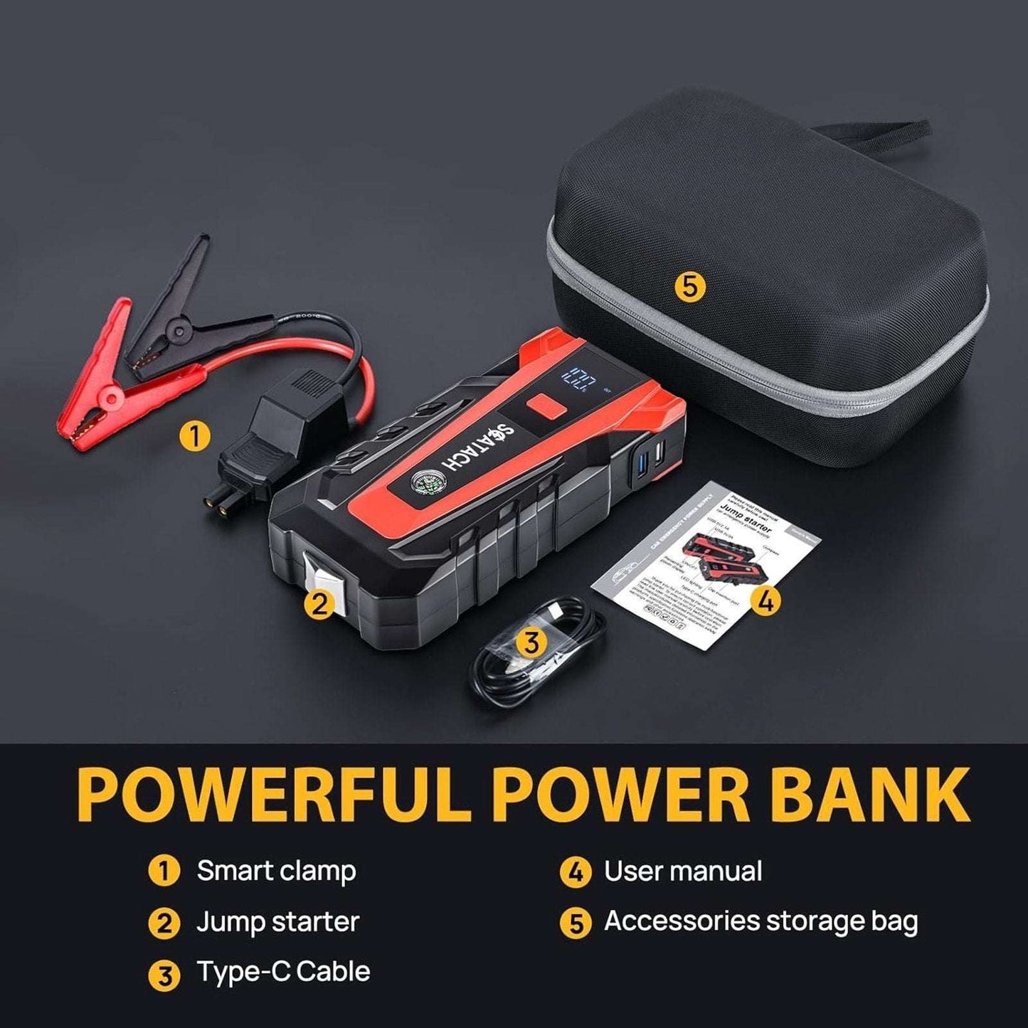 Scatach 3000A 12V Car Battery Jump Starter, Jumper Cable, Flashlight & Powerbank