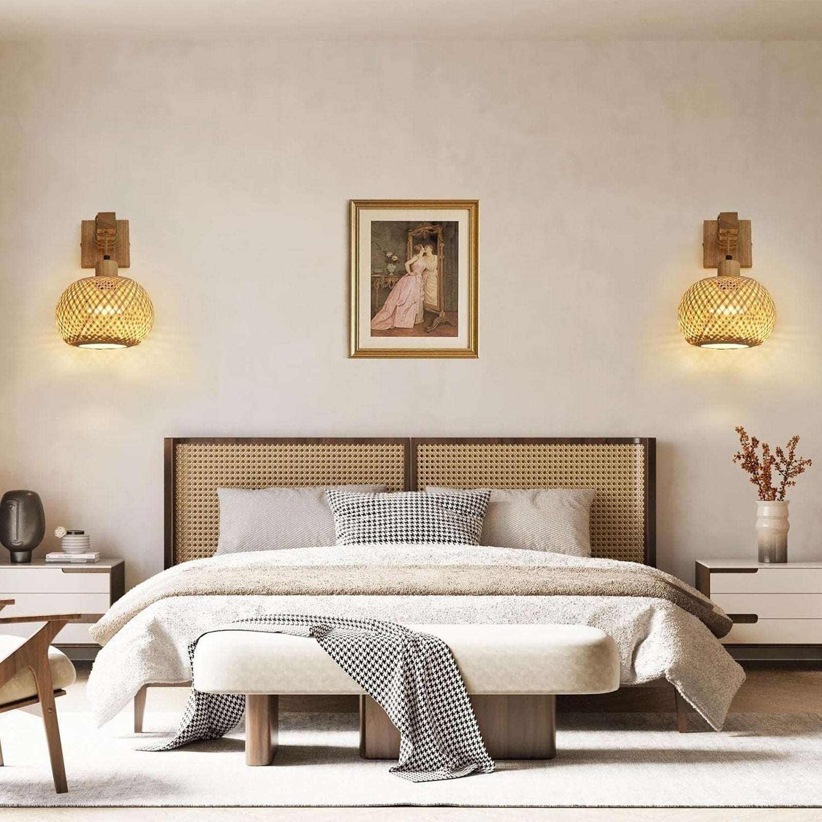 Plug in Wall Sconces Set of 2, Bamboo Hand Woven Rustic Hanging Light Fixtures