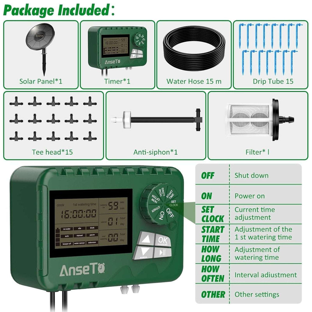 50' Automatic Drip Solar Irrigation System Plant Watering w/ Split Timer 15 Pots