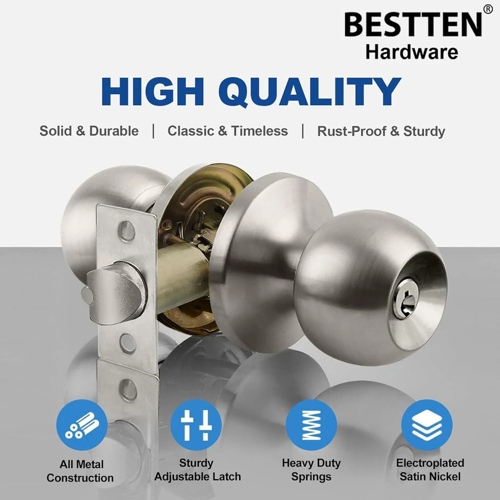 2Pk BESTTEN Keyed Entry Door Knob w/ Lock Satin Nickel Round Interior & Exterior