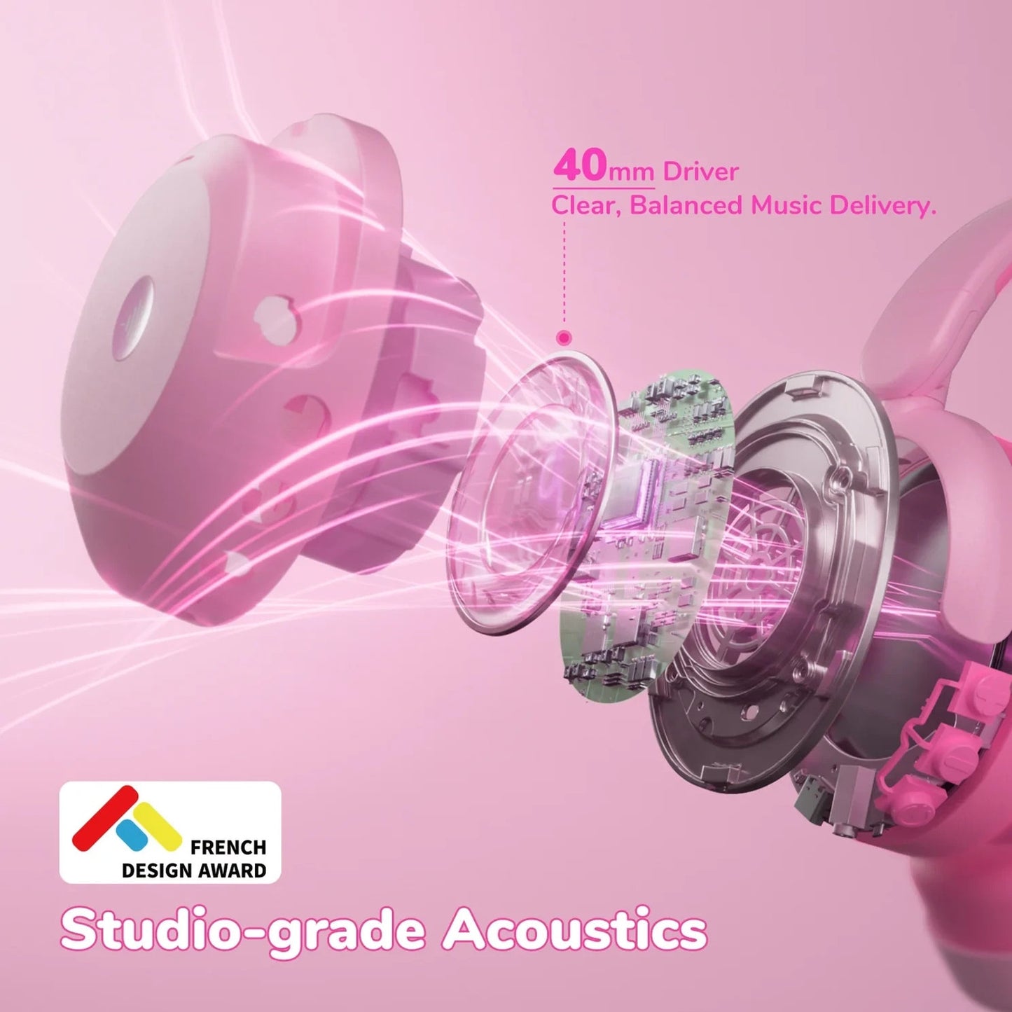 iClever BTH20 Active Noise Cancelling Headphones for Kids, 60H Play Time, Pink