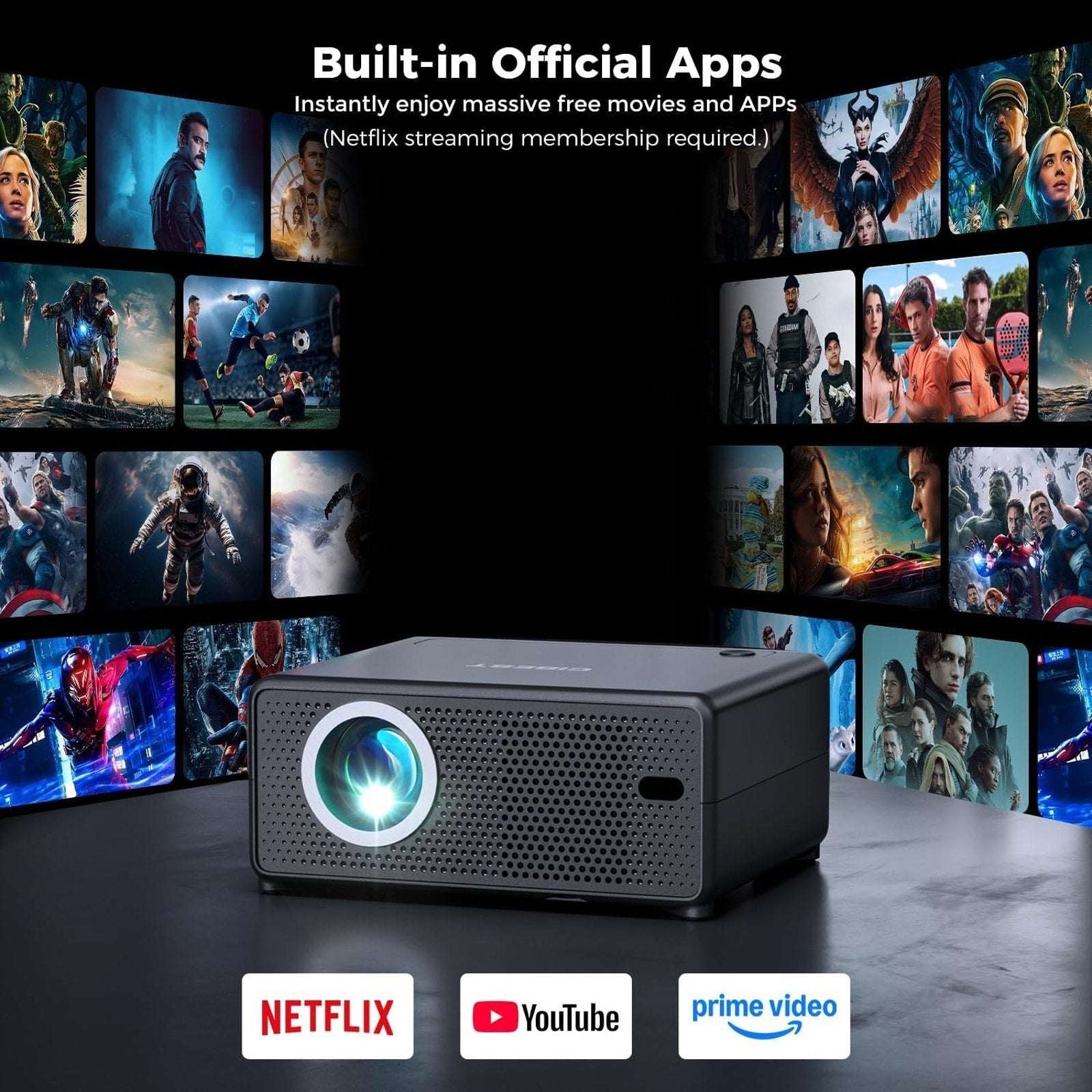 CIBEST Projector 4K Support WiFi 6 Bluetooth 5.4 1080P FHD Netflix Built-In Apps