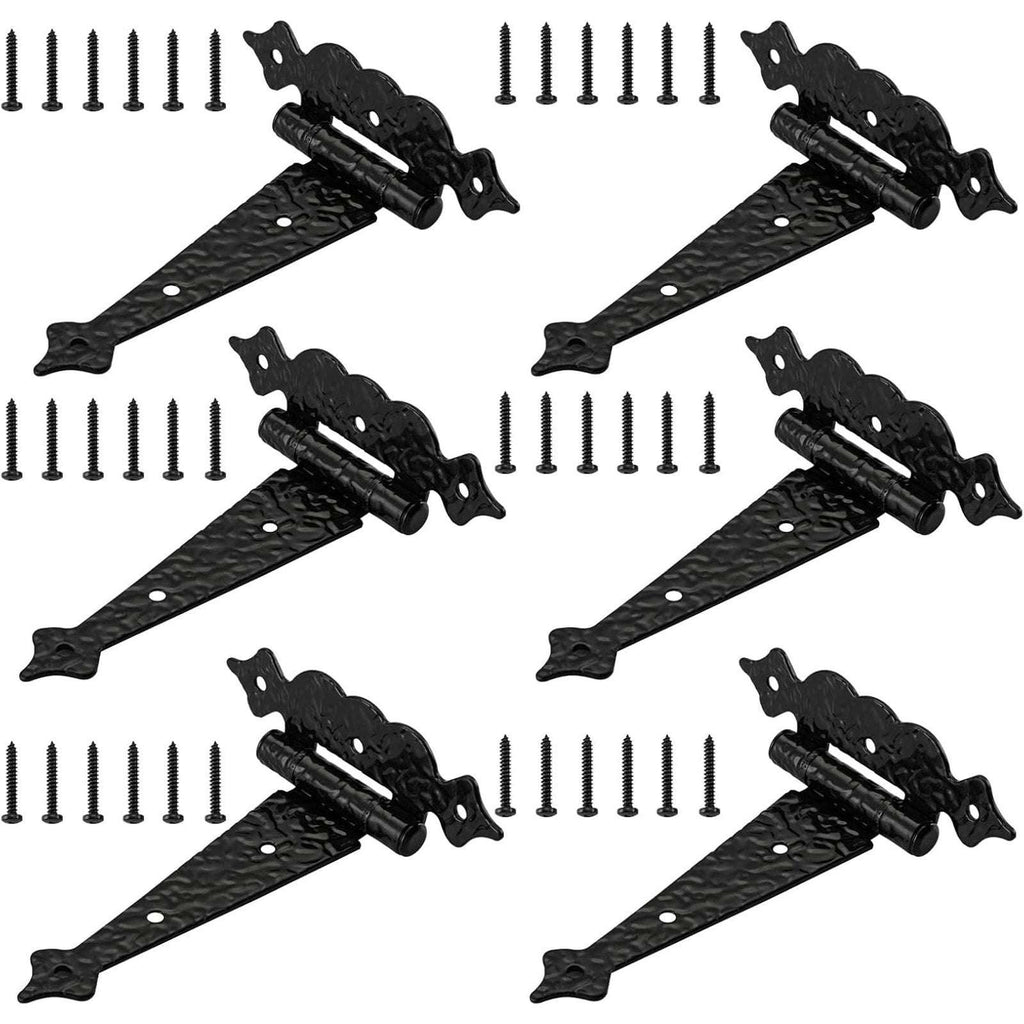 6" Heavy Duty Hammered Black Steel Gate T Hinge Strap Shed, Barn Doors - 6 Pack