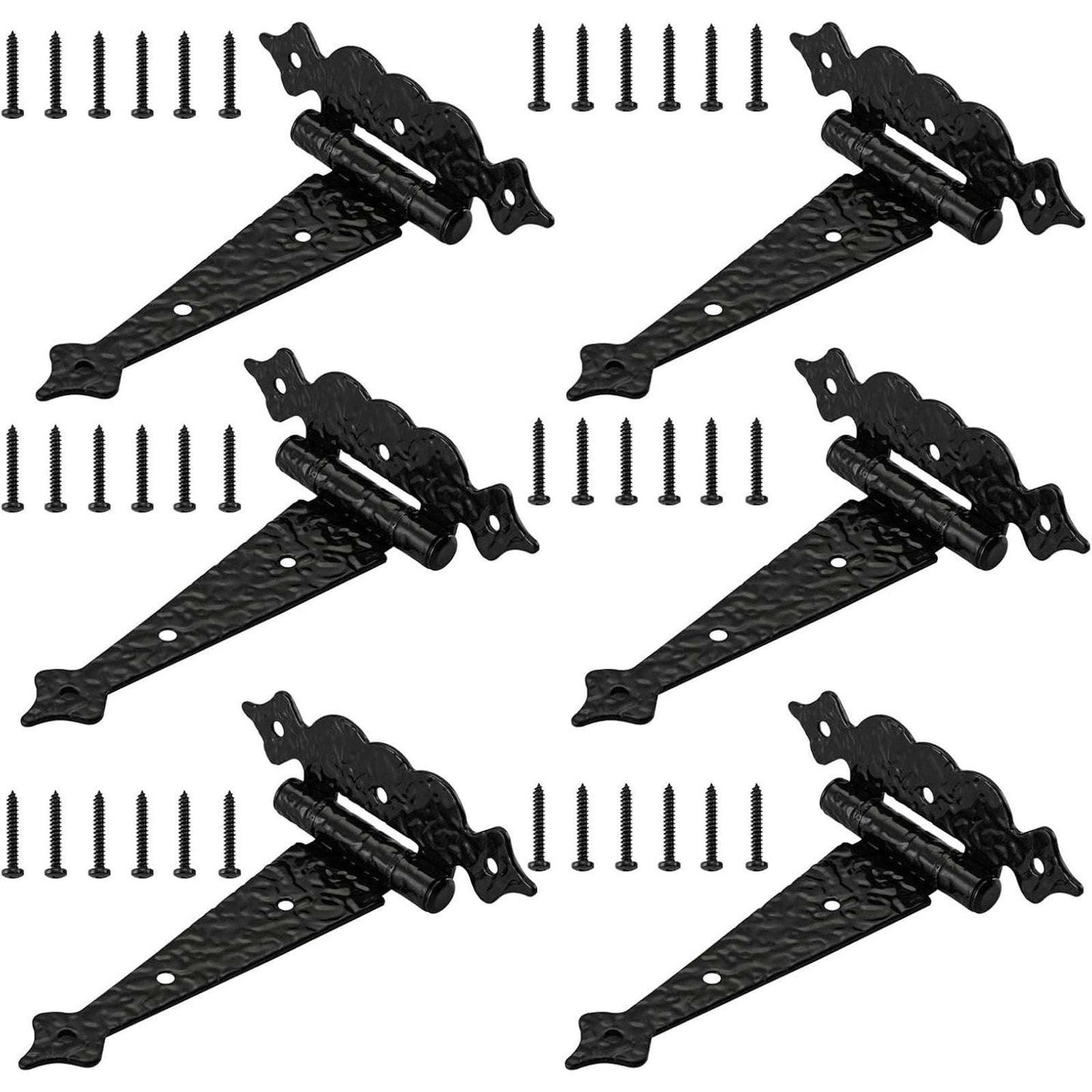 6" Heavy Duty Hammered Black Steel Gate T Hinge Strap Shed, Barn Doors - 6 Pack