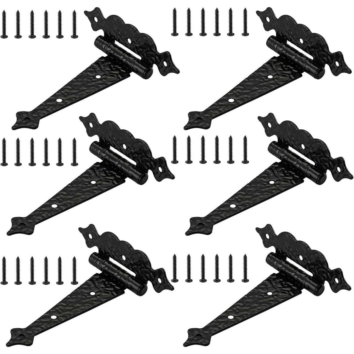 6" Heavy Duty Hammered Black Steel Gate T Hinge Strap Shed, Barn Doors - 6 Pack